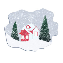 Fototapeta premium Winter landscape. House in the forest, spruce, snowfall - flat style - illustration, vector. New Year 2020