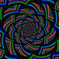 Fototapeta na wymiar Chevron Stripe Spiral / An abstract fractal work with a curved chevron stripe spiral design in blue, red and green.