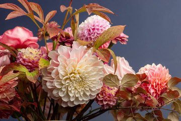 Floral composition of dahlia flowers, roses and autumn leaves. Arty, bright red and pink color  bouquet of flowers on a blue background 