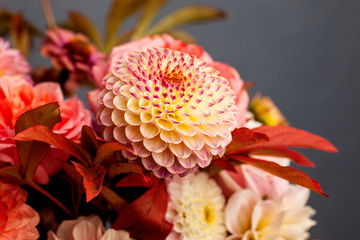 Floral composition of dahlia flowers, roses and autumn leaves. Arty, bright red and pink color  bouquet of flowers on a grey background 