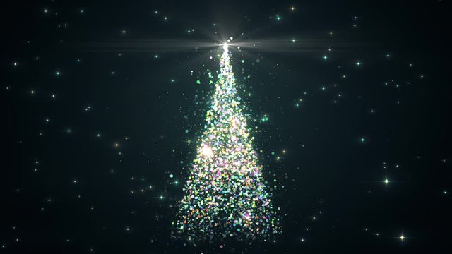 Merry Christmas greeting video card. Christmas tree with shining light, falling snowflakes and stars, 4K seamless holiday animation