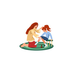 Mother treating her daughters injury with medicine vector illustration