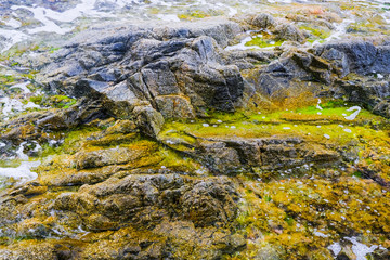 Dangerous underwater rock on beach at low tide. Costa Brava, Spain.