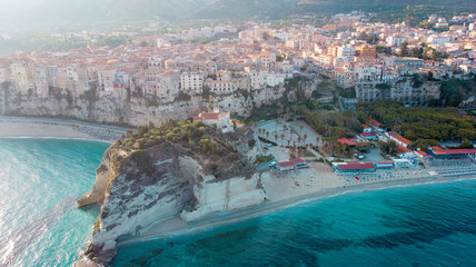 Tropea at sunset, Italy. Aerial view from drone.