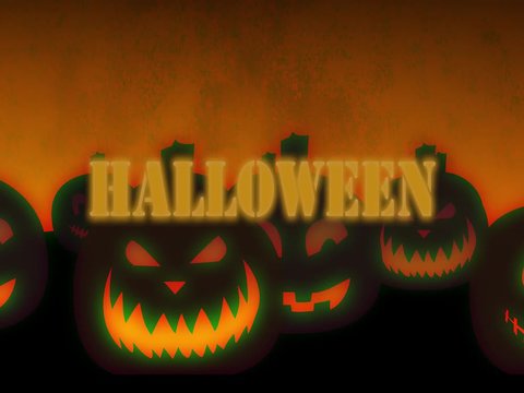 La scritta Halloween con effetto neon e zucche malefiche arancioni sullo sfondo