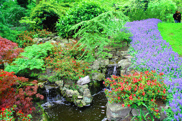View of the pond, surrounded by greenery and flowers