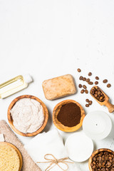 Coffee scrub from sea salt, cosmetic oil and coffee.