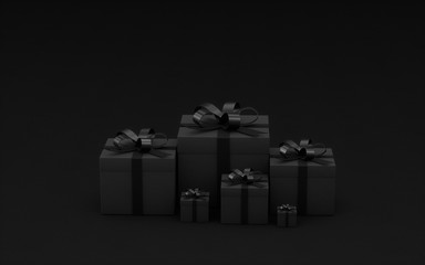 Gift boxes wrapped in black paper with black ribbon. On blackbackground. 3d render illustration