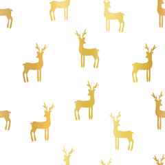 Gold foil deer silhouettes seamless vector background. Repeating pattern metallic golden deer on white backdrop. Simple elegant Christmas design for gift wrap, digital paper, holiday decor