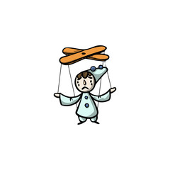 Puppet Pierrot with strings. Raster illustration in flat cartoon style