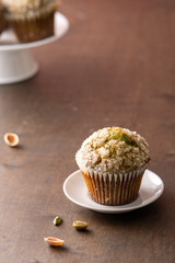 Homemade pistachio muffins with sugar crystals