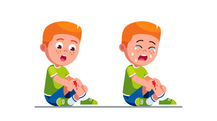 Crying boy kids holding painful wounded leg knee