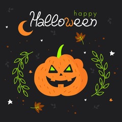 Happy halloween cartoon poster with pumpkin. Hand drawn vector illustrations