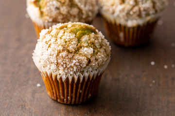 Homemade pistachio muffins with sugar crystals