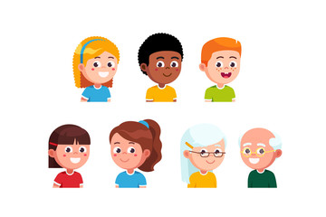 Boys, gils kids and seniors closeup portraits