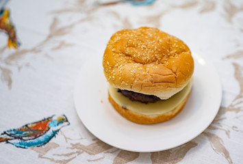 Home made hamburger on a white plate