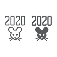 2019 rat year line and glyph icon, celebration and christmas, calendar sign, vector graphics, a linear pattern on a white background
