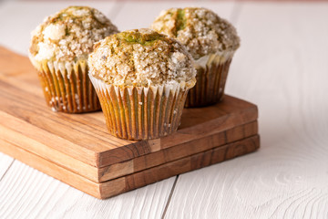 Homemade pistachio muffins with sugar crystals