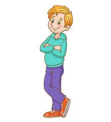 Funny little boy standing with arms folded. Isolated on a white background. In cartoon style.