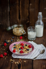 Muesli and milk for breakfast