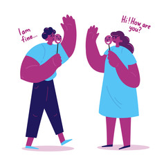 A young woman and man are holding masks with positive emotions.They are tired of the fact that constantly has to play a role, change the mask.They got confused in her emotions. 