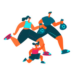 Fototapeta premium Plogging. Family with kid pick up litter during plogging in nature.Mother, father and daughter collect garbage while running. Eco and environment friendly ecological concept.Flat.Vector illustration.