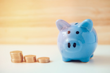 Piggy bank with piles of coins on a white and wooden background. © gesrey