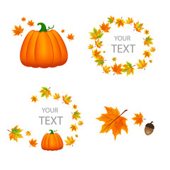 Autumn design elements. Template for design. Illustration with colorful leaves and pumpkin. Place for text.