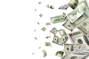 Fototapeta premium Us dollar. American money, falling cash. Flying hundred dollars isolated.