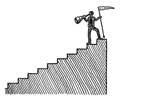 Drawn Man Atop Stairs Looking Back Via Spyglass