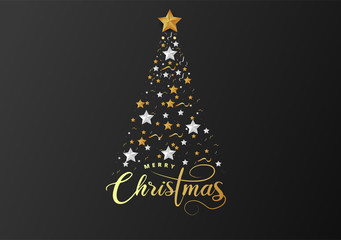 Christmas Tree made of Cutout Gold Foil and White Paper Stars, Silver Glitter  Beads on Black Background. Chic Christmas Greeting Card.