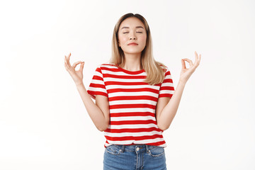 Patience key success. Young asian blond girl beginner drama actress student making breathing...