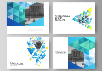 The minimalistic abstract vector illustration of the editable layout of the presentation slides design business templates. Blue color polygonal background with triangles, colorful mosaic pattern.