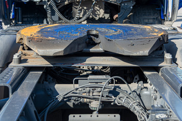 Tow hitch, rear view truck, tow hitch. Clutching a truck with a semitrailer, pressure hoses, electrical wires.
