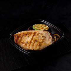 food in the boxes for delivery. Salads, snacks, healthy food