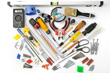 Top view tools for repair and construction on white