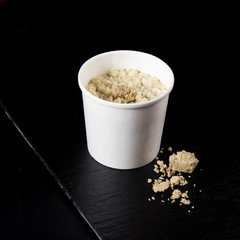 food in the boxes for delivery. Salads, snacks, healthy food