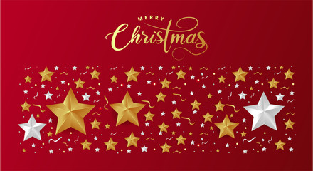 Fototapeta na wymiar Red Christmas Background with Border made of Cutout Gold Foil Stars. Chic Christmas Greeting Card.