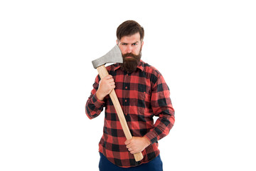 Brutal and bearded. Brutal lumberjack hold axe isolated on white. Hipster keep sharp axe blade at...
