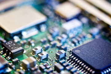 Chips on the board. Close-up. Technological progress concept