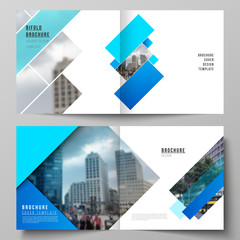 The vector illustration layout of two covers templates for square design bifold brochure, magazine, flyer, booklet. Abstract geometric pattern creative modern blue background with rectangles.