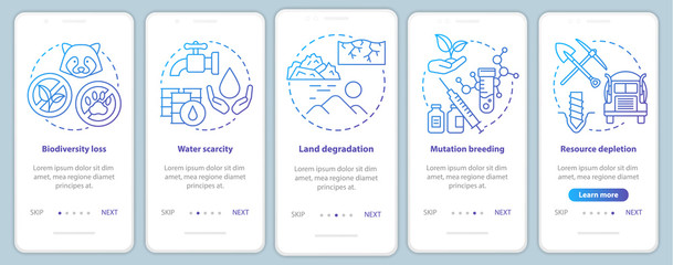 Environmental issues onboarding mobile app page screen vector template. Biodiversity loss. Walkthrough website steps with linear illustrations in blue. UX, UI, GUI smartphone interface concept