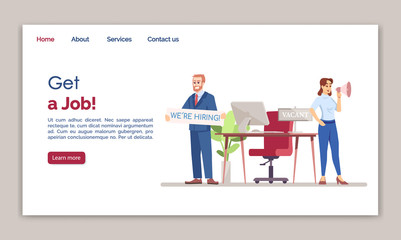 Get a job landing page vector template. HR agency website interface idea with flat illustrations. Employment service homepage layout. Vacant post web banner, webpage cartoon concept