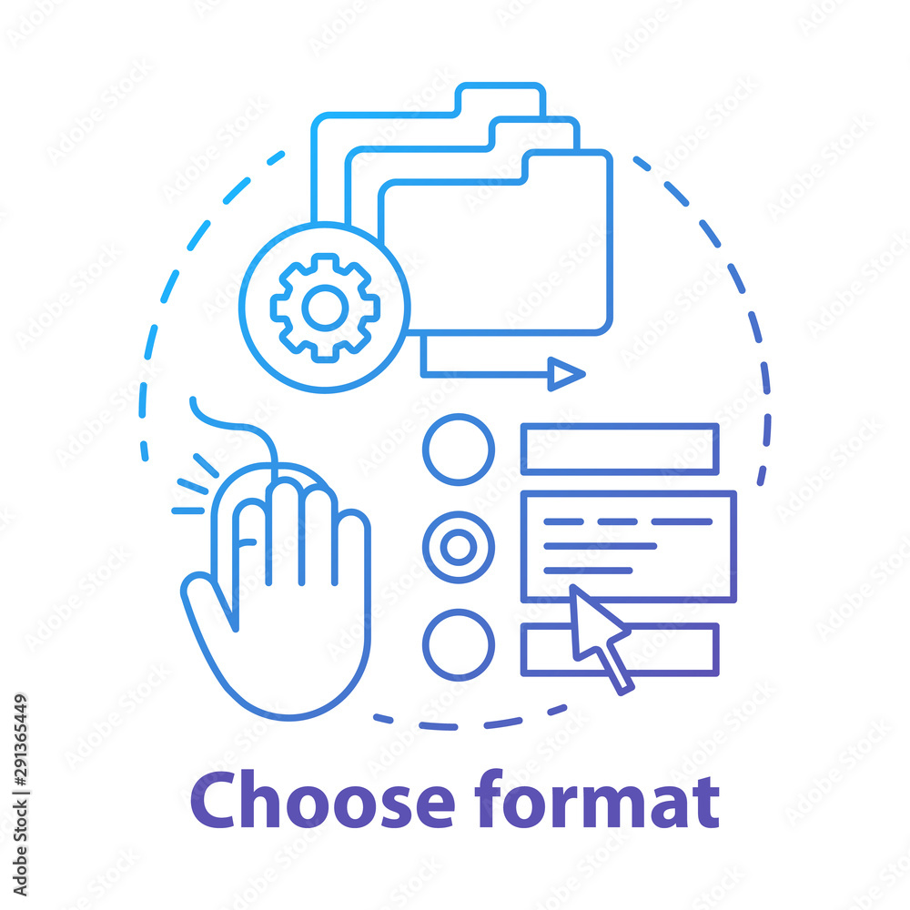 Poster choose format blue concept icon. data management idea thin line illustration. various types and opti