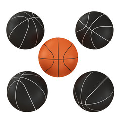 Four black basketballs and one orange ball in the middle on an isolated background. 3D rendering