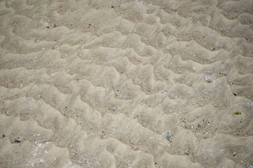 Texture of light beige sand with small pebbles under water. Natural pastel background