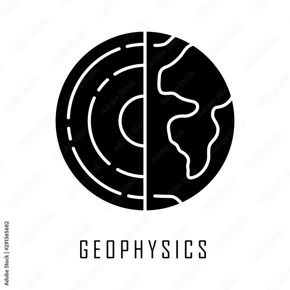 Poster geophysics glyph icon. study of earth crust and core. physics branch. inner structure and compositio