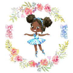 Cute Watercolor African American Ballerina. Dark Skin Girl Surrounded by floral Vignette and Ballet Shoes. Ballerina Wearing Blue Dress. Elegant Little Child Posing Training Ballet Collection Poster
