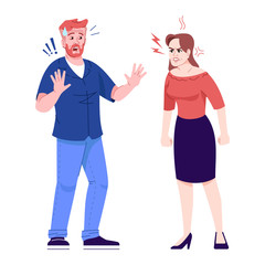 Couple quarrel flat vector illustration. Emotional family conflict. Domestic violence against men. Angry woman and defending man isolated cartoon characters with outline elements on white background