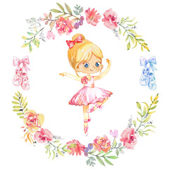 Cute Watercolor Ballerina. Girl Surrounded by floral Vignette and Ballet Shoes. Ballerina Wearing Pink Dress. Elegant Little Child Posing Training Ballet Collection Poster Design for Print. Watercolor